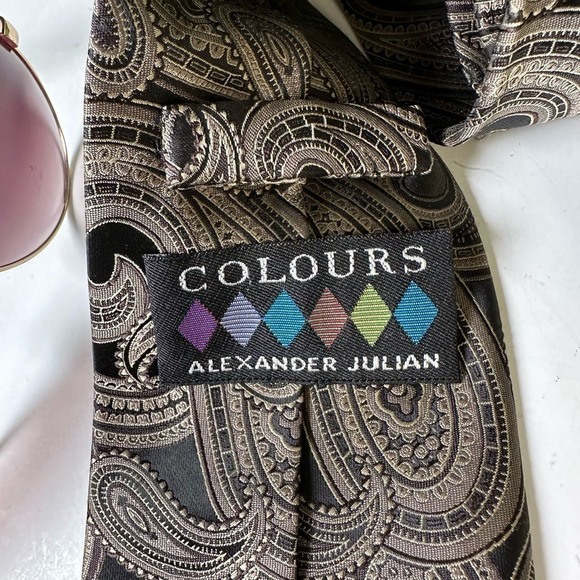 Vintage Colours Alexander Julian Black + Tan Paisley Tie Polyester 3.5" Wide - Picture 5 of 7